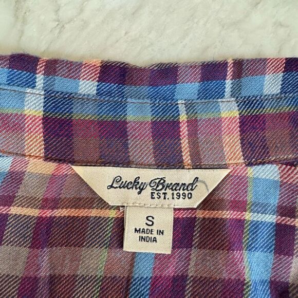 Lucky Brand Blouse Women’s Purple Plaid Button Front Boho Long Sleeve Top size S - Picture 4 of 8